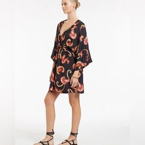 JETS AUSTRALIA Silk Road Wide-Sleeve Kaftan in Black and Orange Size Medium